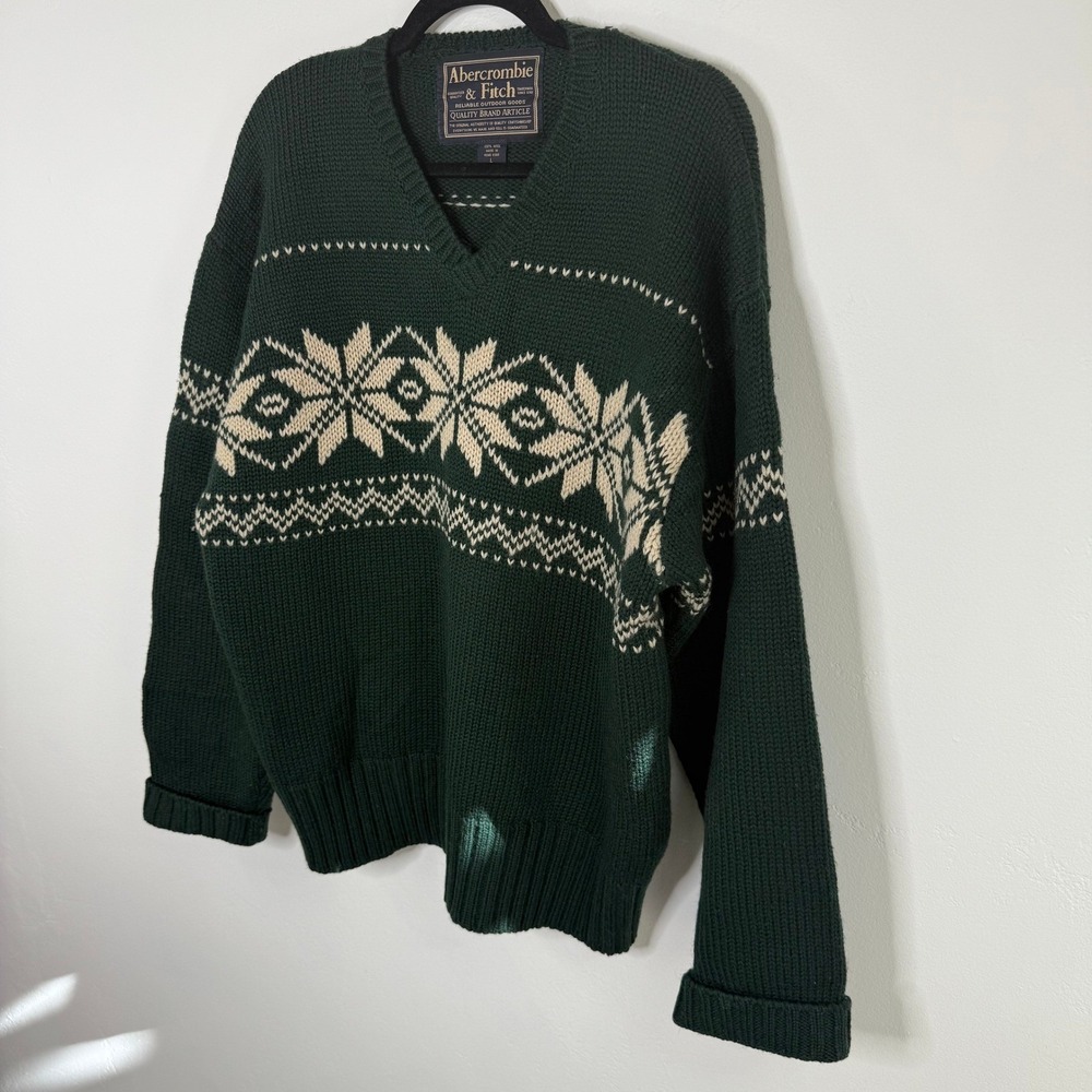Vintage Abercrombie & Fitch Wool Sweater Green Fair Isle Nordic Ski Snowflake L - Picture 5 of 11